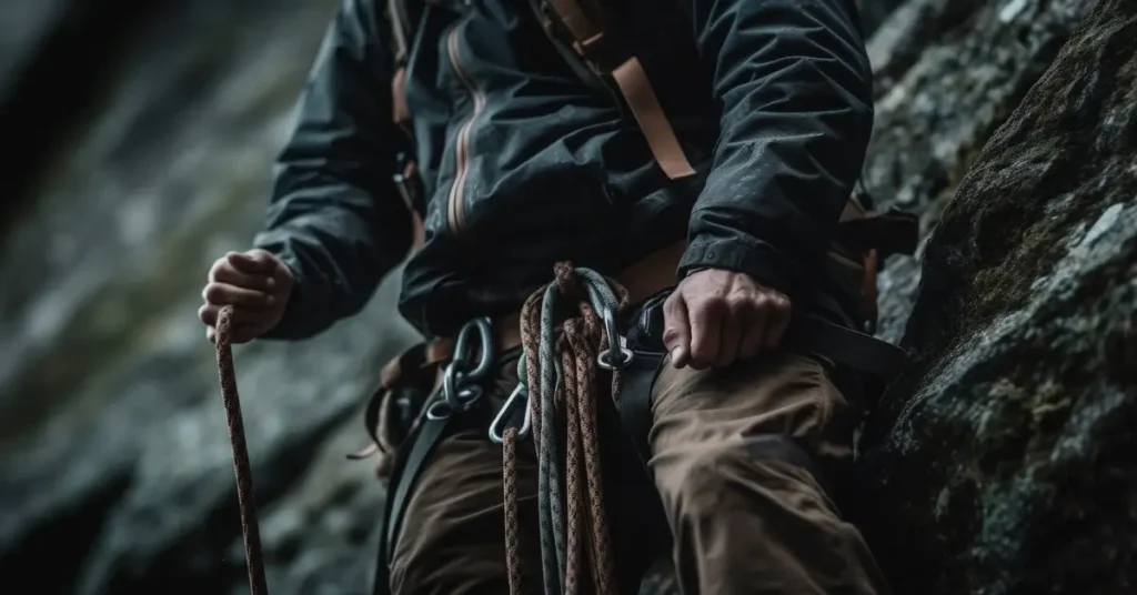 A person climbing the rock face with fall hiking outfit