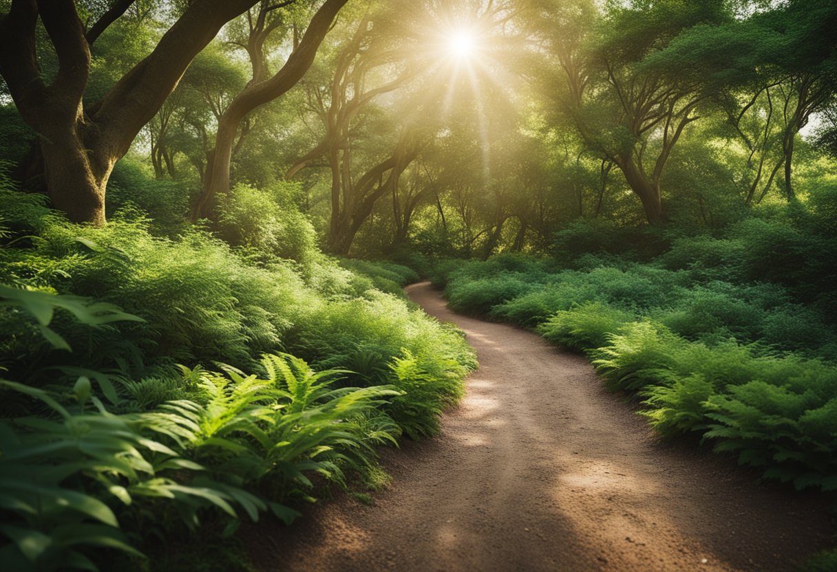 path between big trees and plants