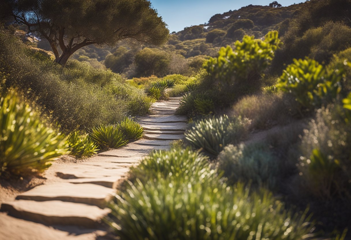 hiking trail with stones between plants