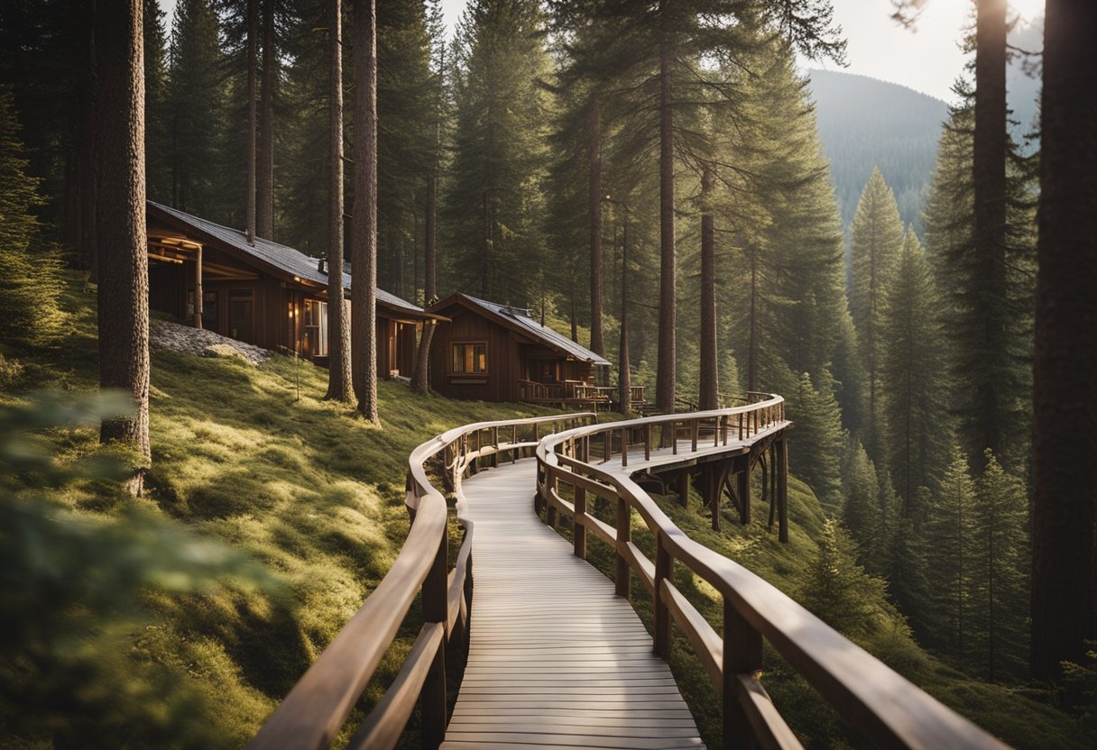 wooden bridge path between trees and two houses at the end