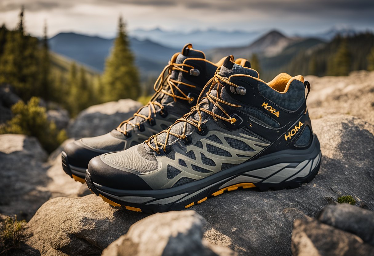 Orange black boots standing on stone