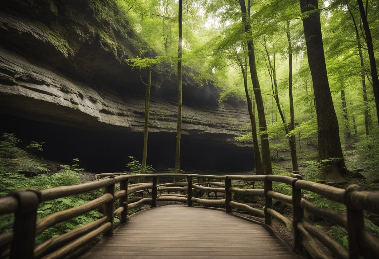 wooden bridge in a forest with a rock wall