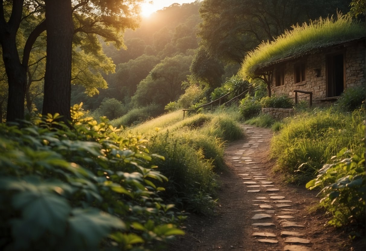 trail with a house and a grass hut