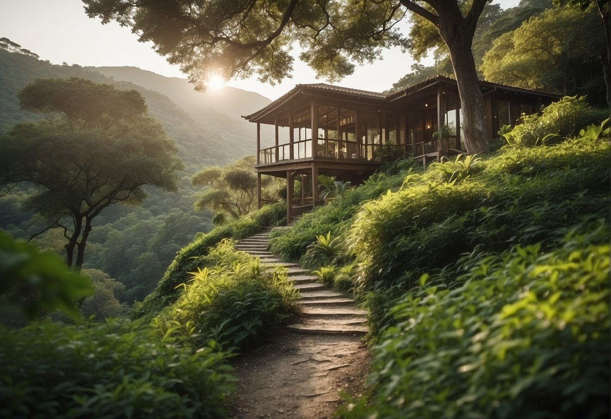 wooden house with a wooden trail