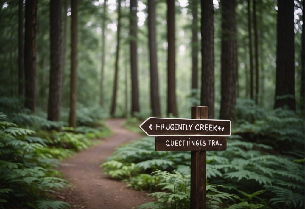 a wooden shield standing on a trail showing some information
