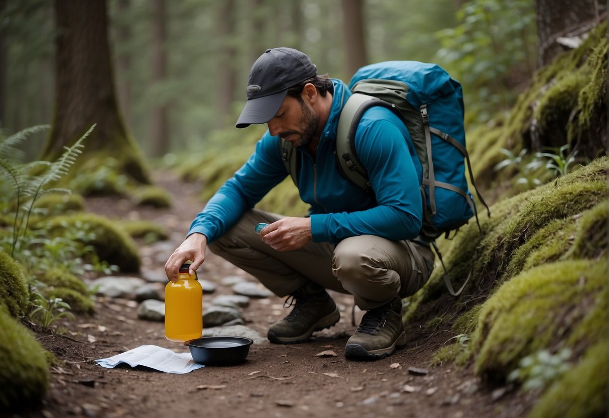 a man starts cookin in the forest. he is hiking