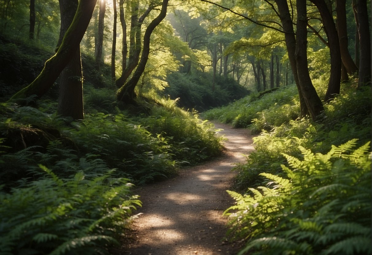 a dirt trail between grass in a forest