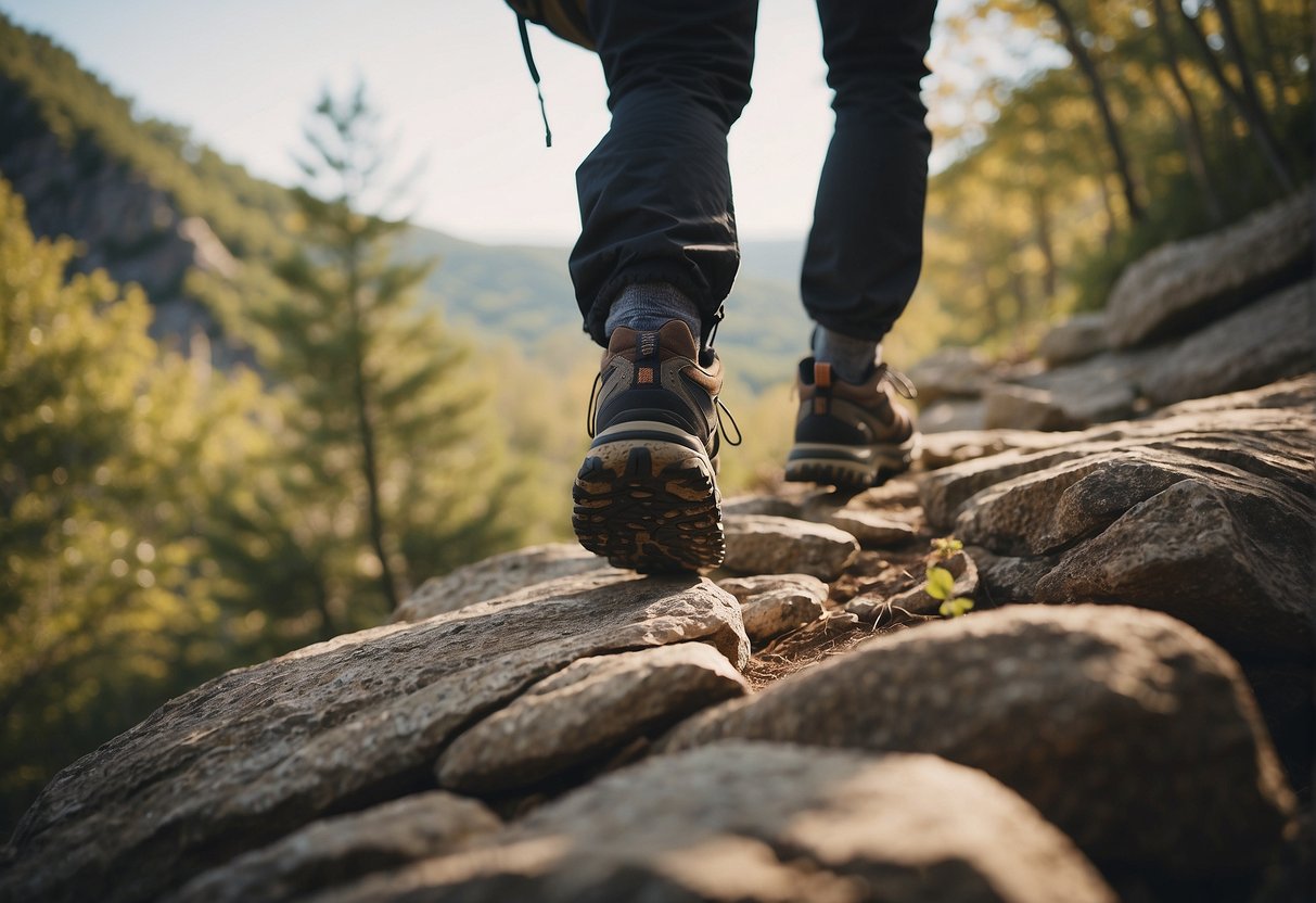 hiker walking down a stone path