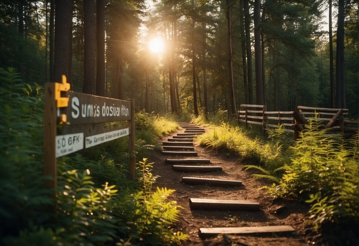 a wooden path with a shield that shows a name