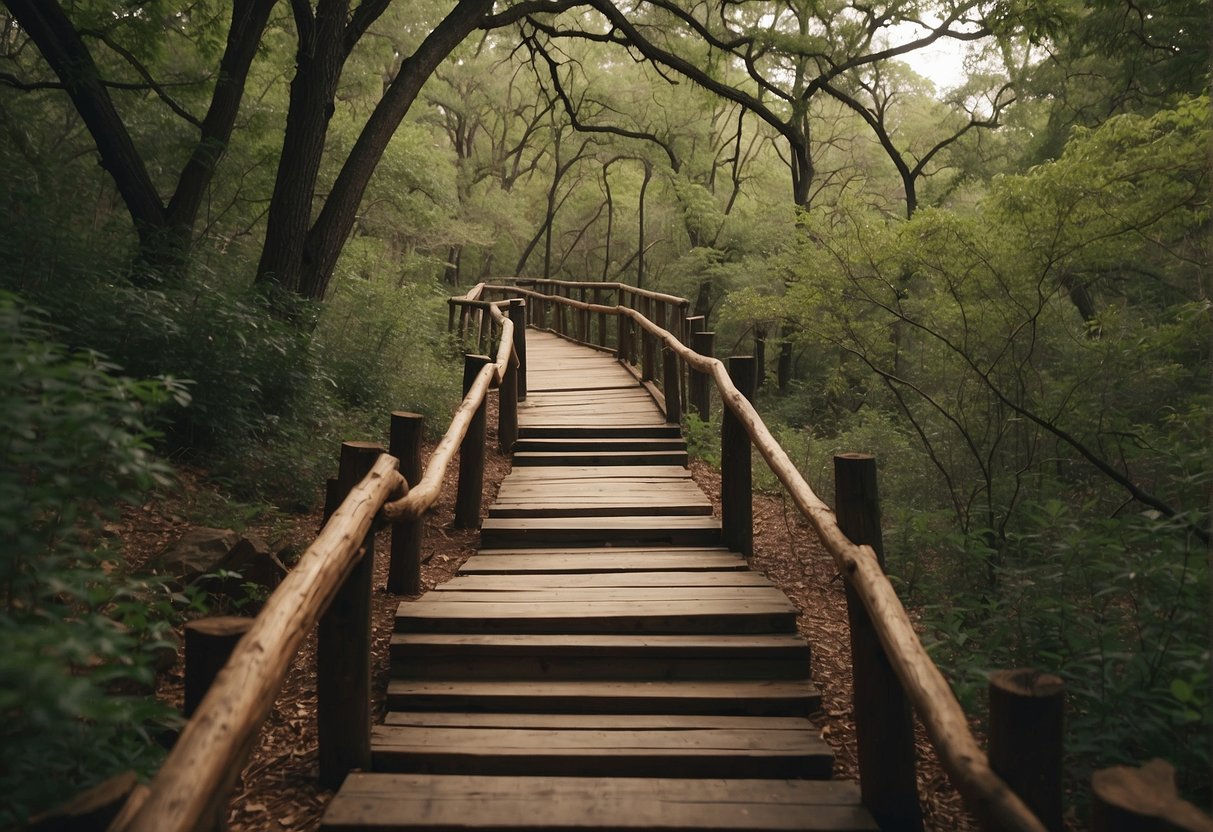 wooden path between trees in a forest