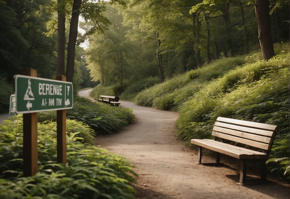 trail with two benches and a shield