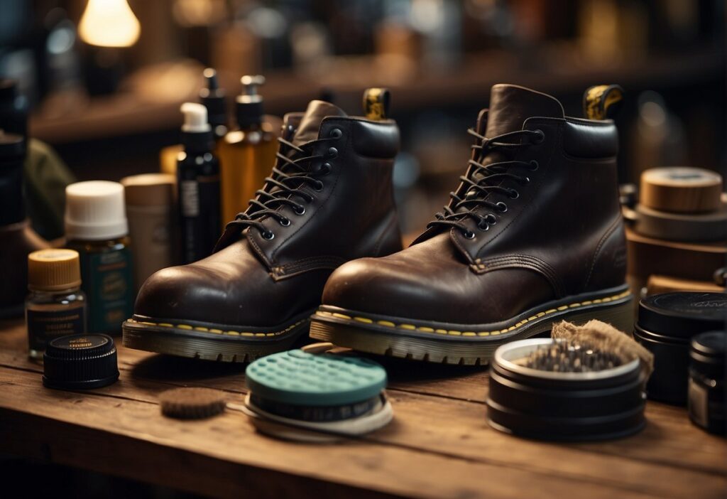 hiking boots getting cleaned with special shoe equipment