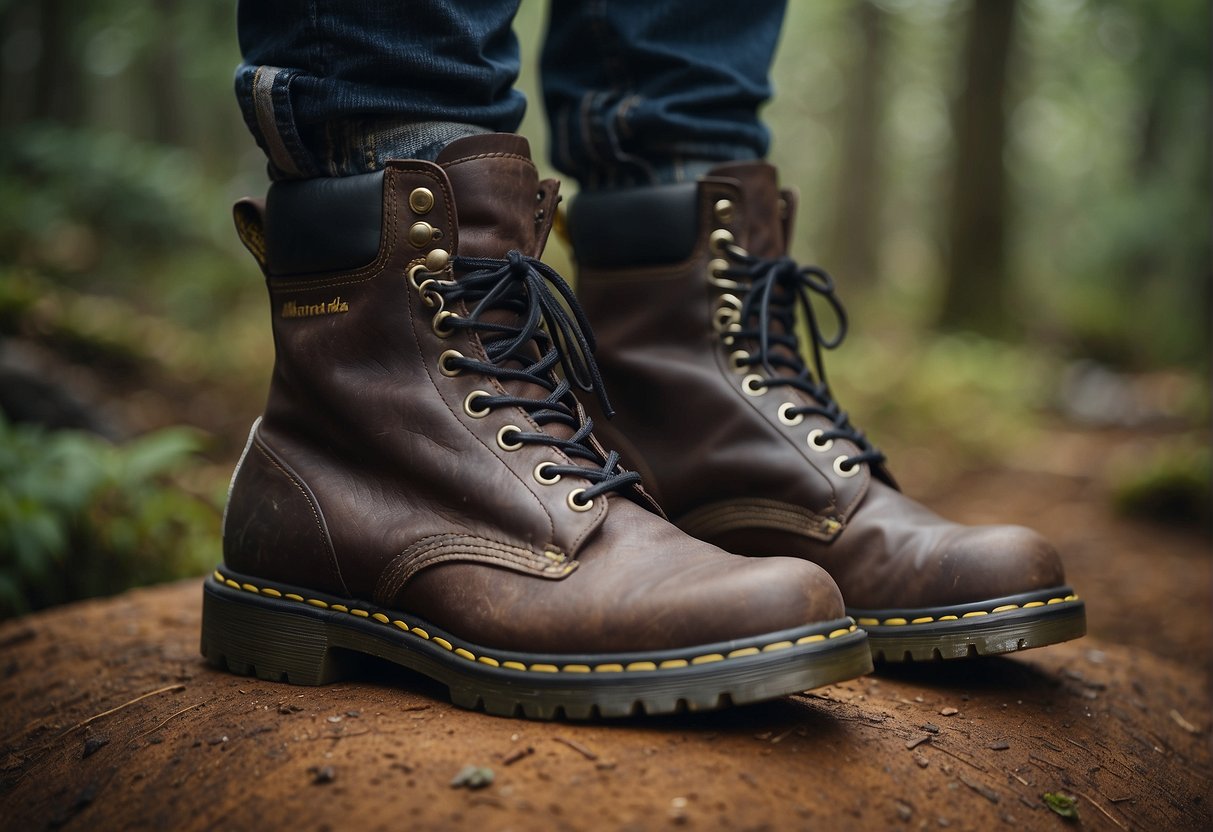 a person standing on dirt. only the hiking boots are visible
