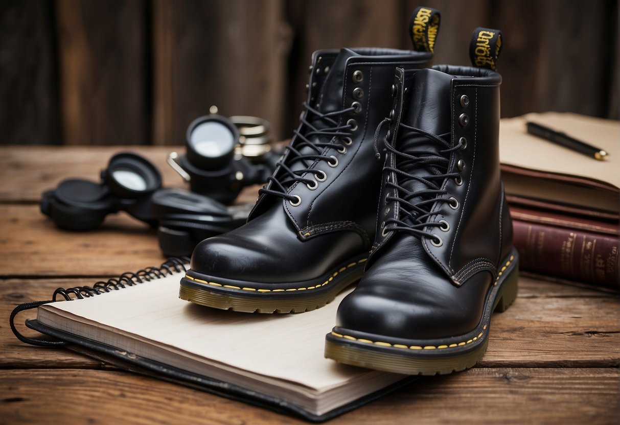hiking boots in black standing on top of a table