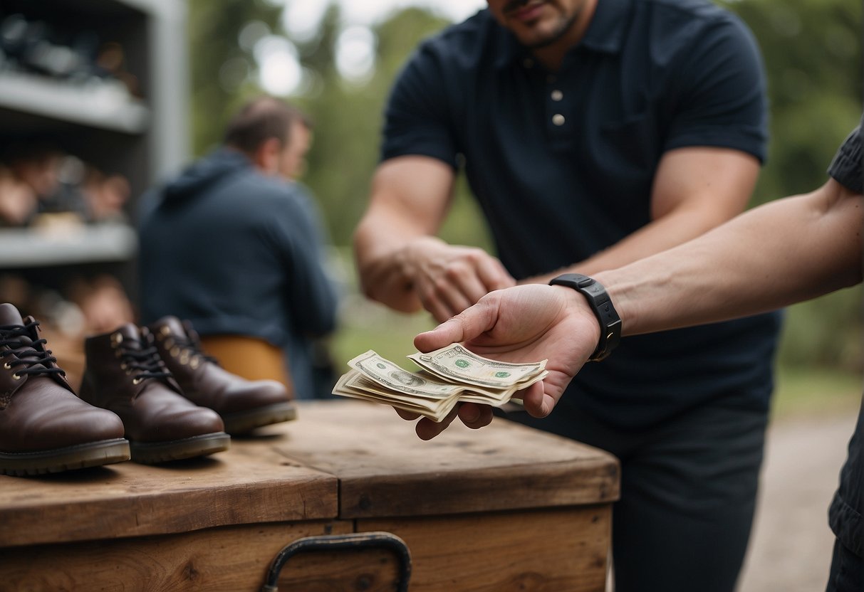 a man buying shoes and he has money in his hands