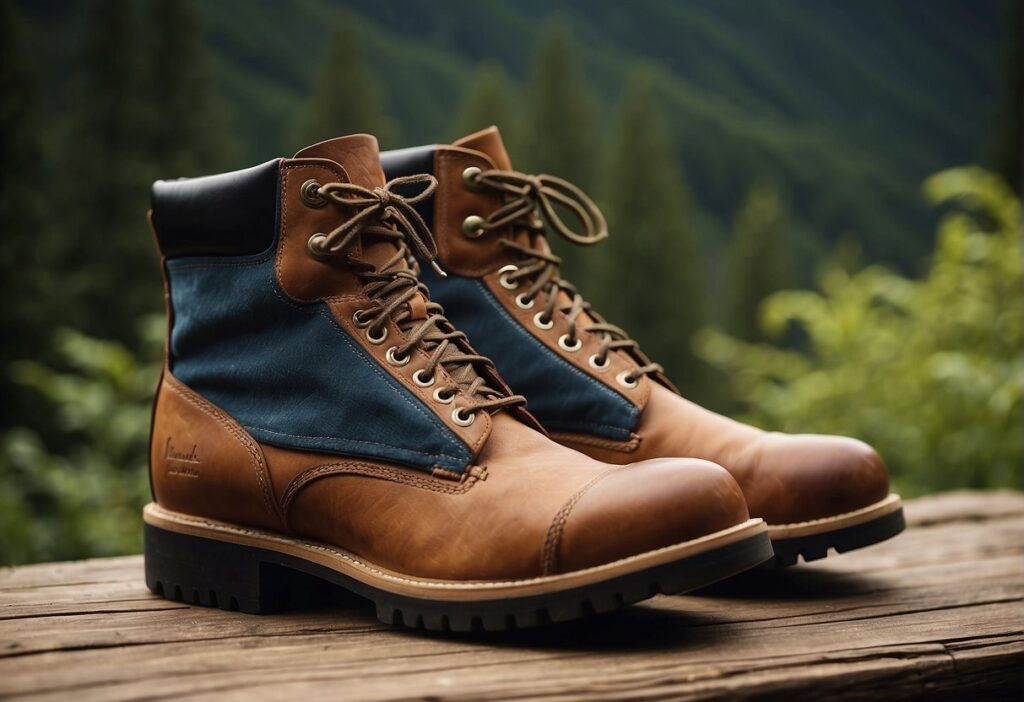 a pair of hiking boots on a table in the forest