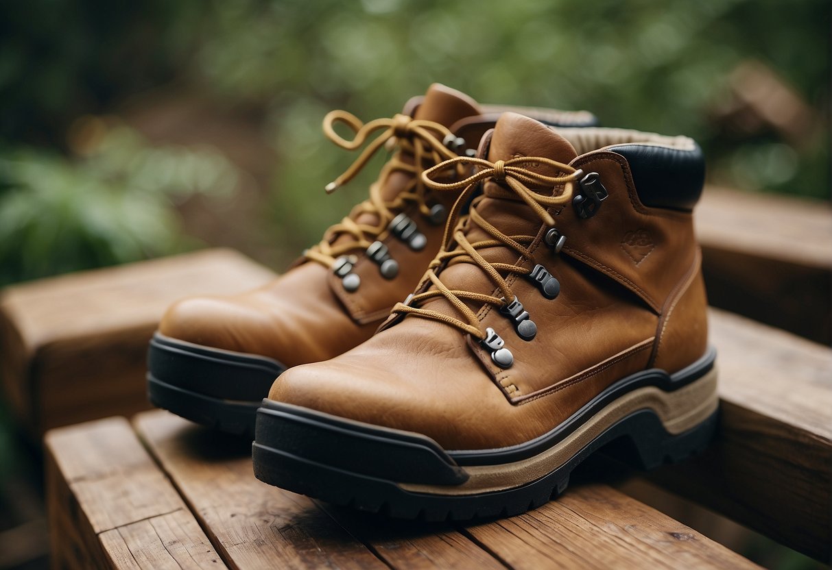 a pair of hiking boots standing on a table in the deep forest