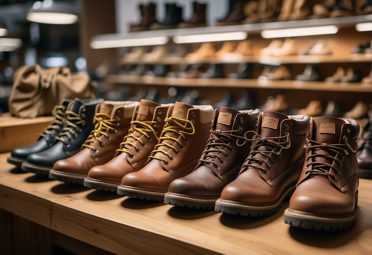 four pairs of hiking boots in the front and many boots in the back. looks like a hiking shop