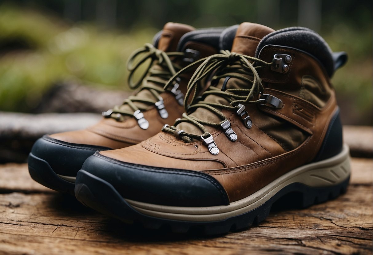 a pair of shoes on a wooden table in the forest