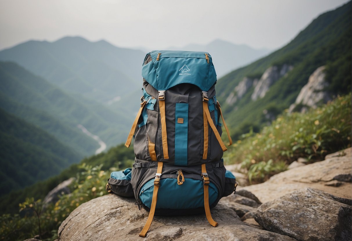 A hiking backpack, sturdy boots, trekking poles, and a wide-brimmed hat lay on a rocky trail, ready for the diverse terrains of a Korean mountain