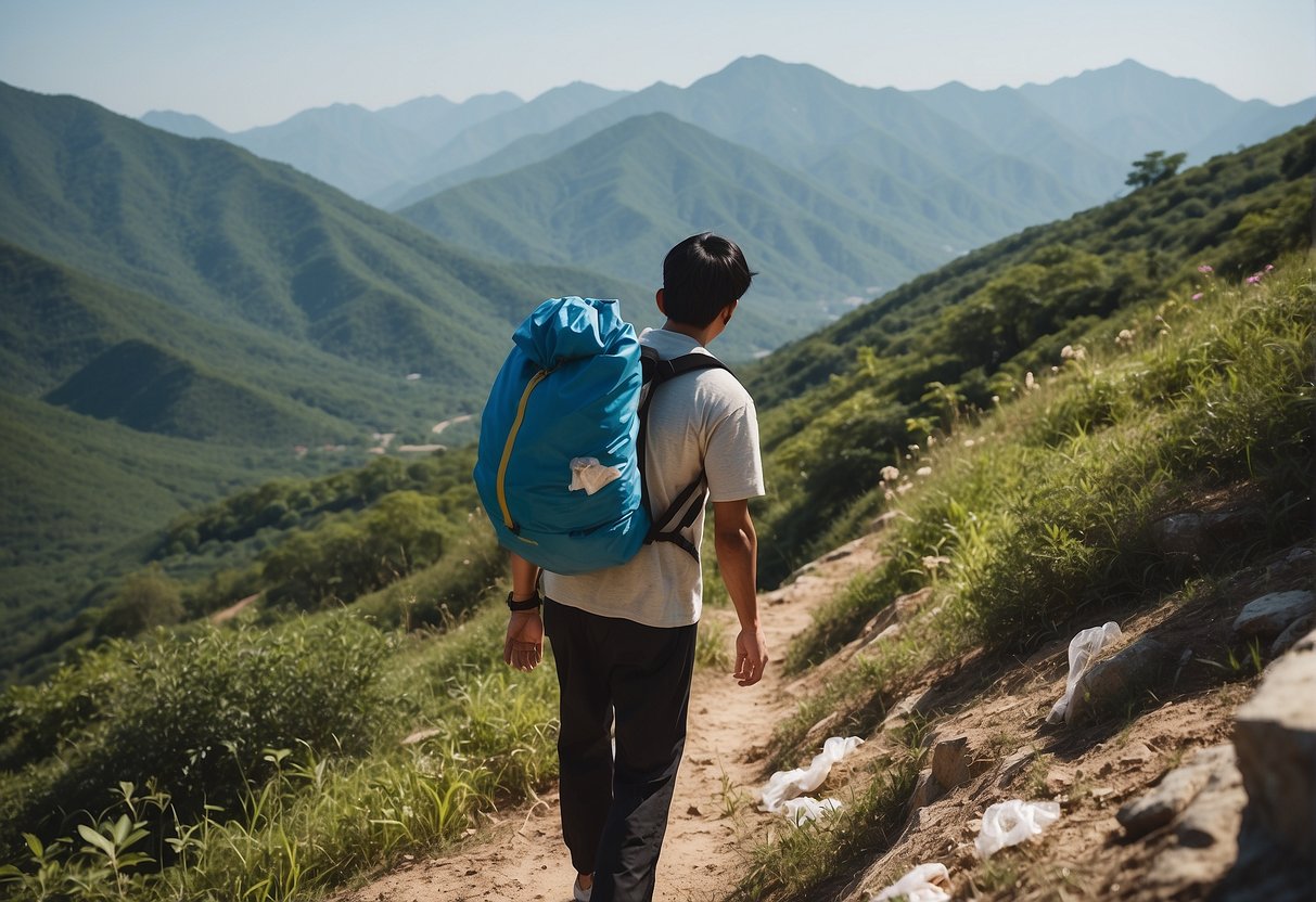 A hiker in a Korean outfit picks up trash on a mountain trail, surrounded by lush greenery and clear blue skies