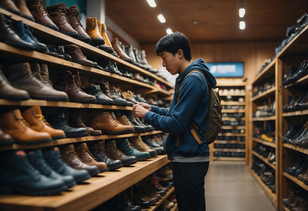 A hiker selects sturdy boots from a rack, surrounded by colorful hiking gear and accessories in a Korean outdoor store