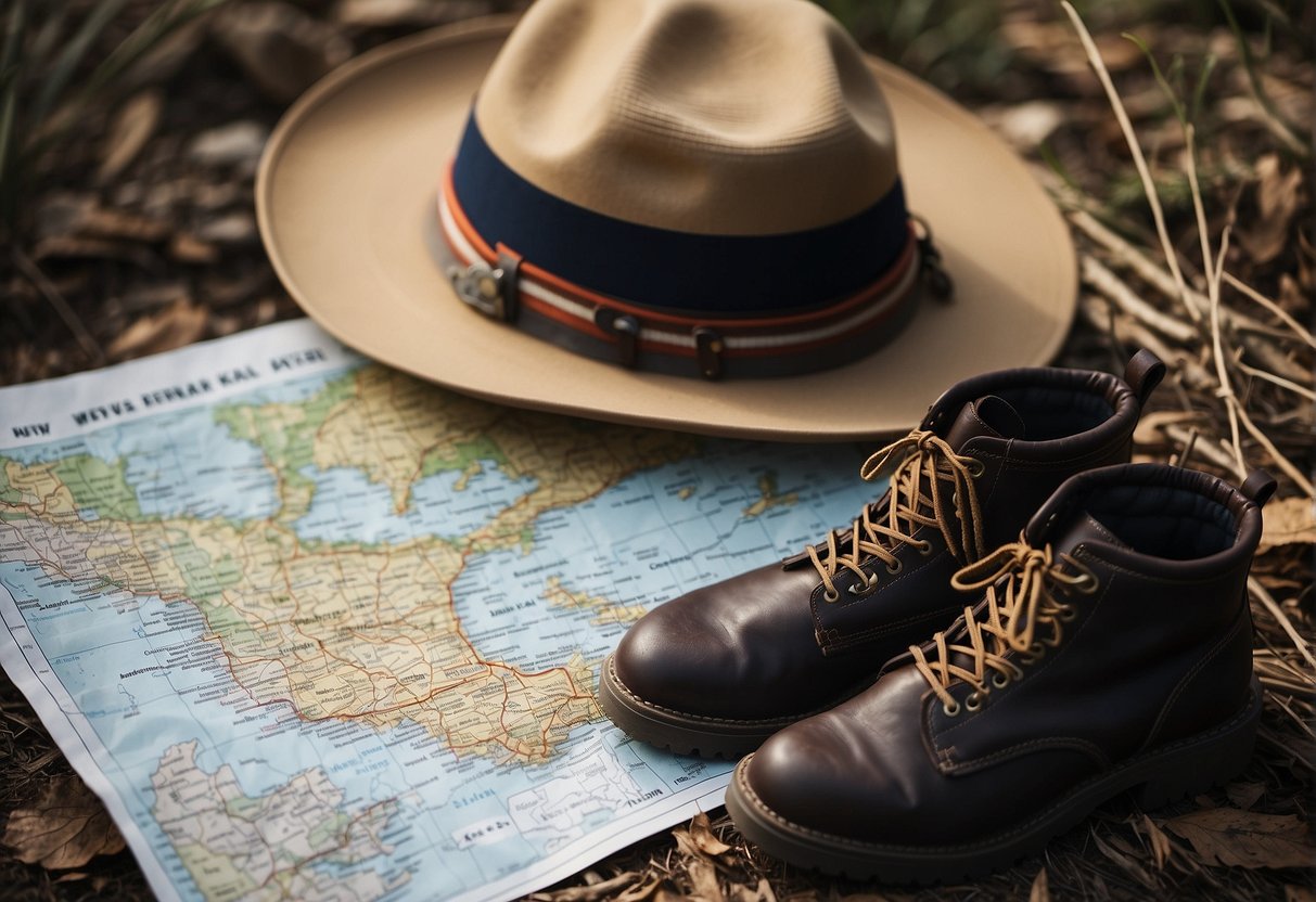 A person lays out a traditional Korean hiking outfit, including a wide-brimmed hat, sturdy boots, and a comfortable, lightweight jacket. A map and water bottle sit nearby