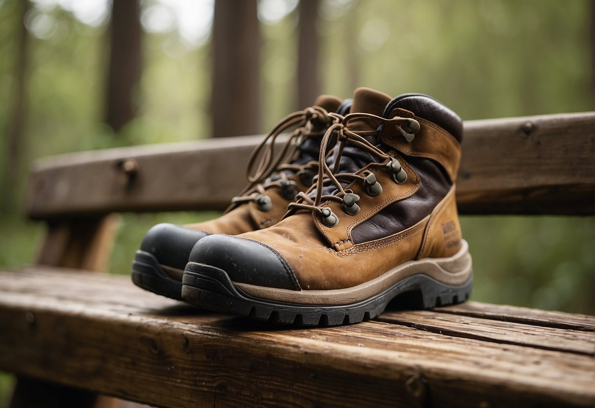 A pair of well-worn hiking boots sits on a wooden bench, surrounded by a brush, waterproofing wax, and a rag. The boots show signs of use and are in need of some care and maintenance