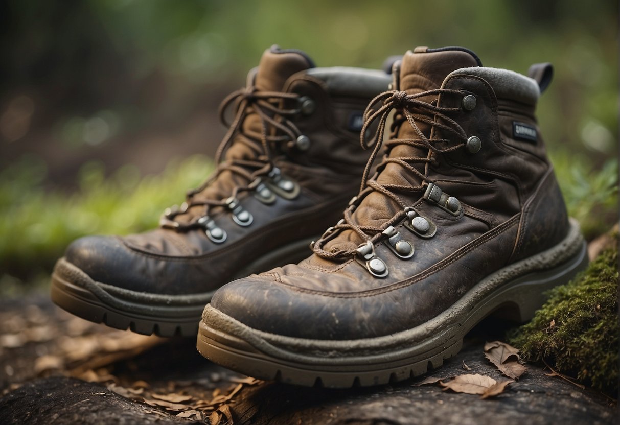 A pair of worn-out hiking boots with visible signs of wear and tear, including scuffed soles, frayed laces, and faded fabric
