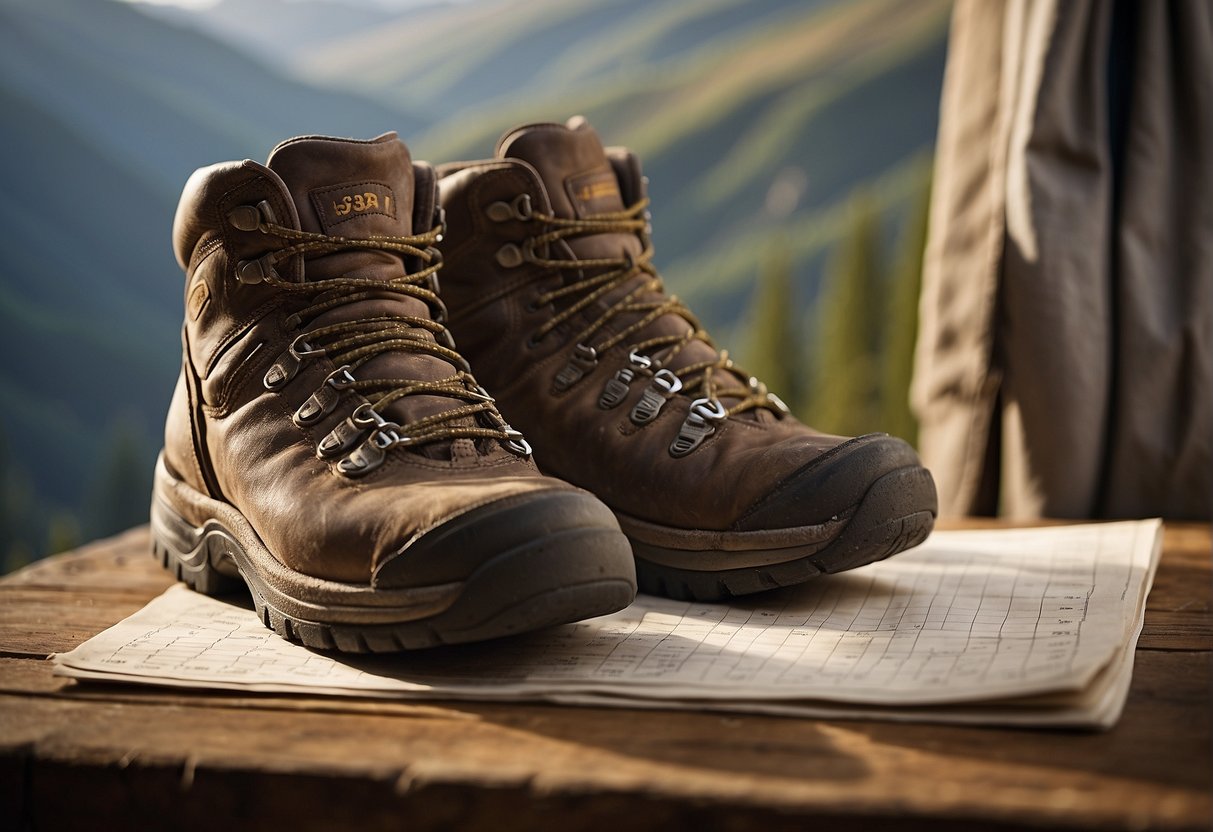 A worn-out pair of hiking boots next to a calendar, showing the passage of time. The boots are scuffed and worn from years of use