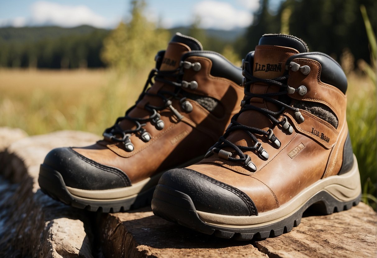 A pair of LL Bean Cresta hiking boots being scrubbed clean with a brush and soapy water, then left to air dry in the sun