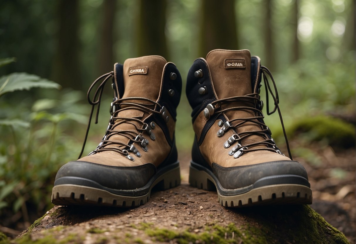 A pair of Ganni hiking boots is displayed on a shelf, surrounded by outdoor gear and a sign reading "Consumer Information."