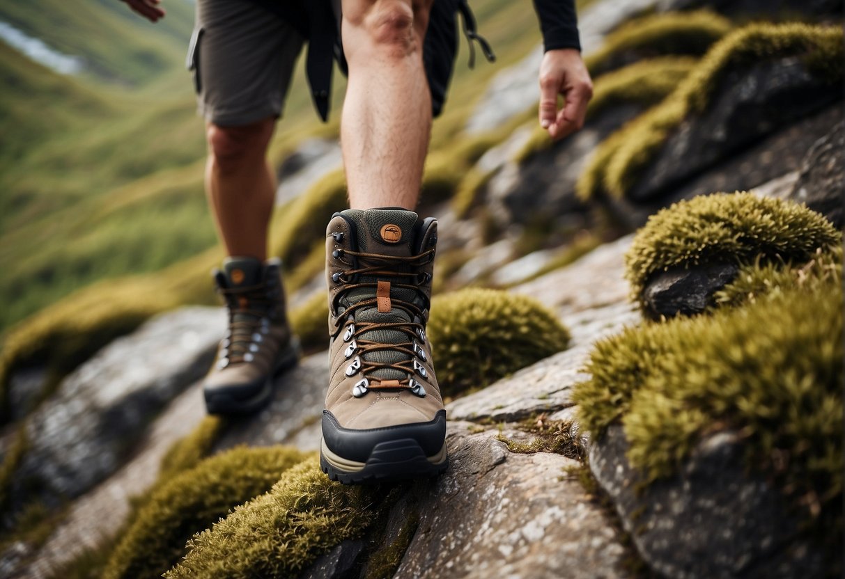 A hiker confidently traverses rugged terrain in Orthofeet hiking boots, showcasing durability and support