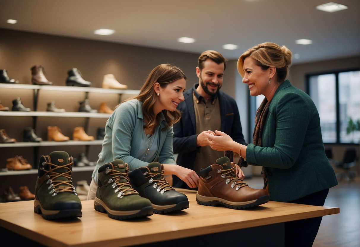 A customer service representative assists a customer with trying on orthofeet hiking boots and discussing additional services