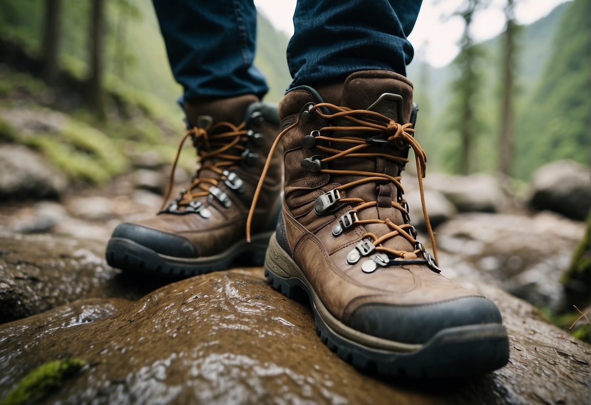 A pair of worn, redhead hiking boots stands on a rocky trail, laces untied. Mud and scuff marks tell of previous adventures