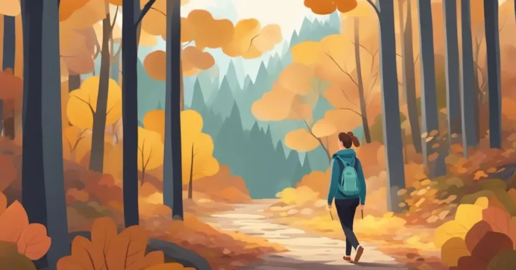 Detail shot of a woman’s hands wearing insulated gloves, holding hiking poles on a crisp autumn morning.