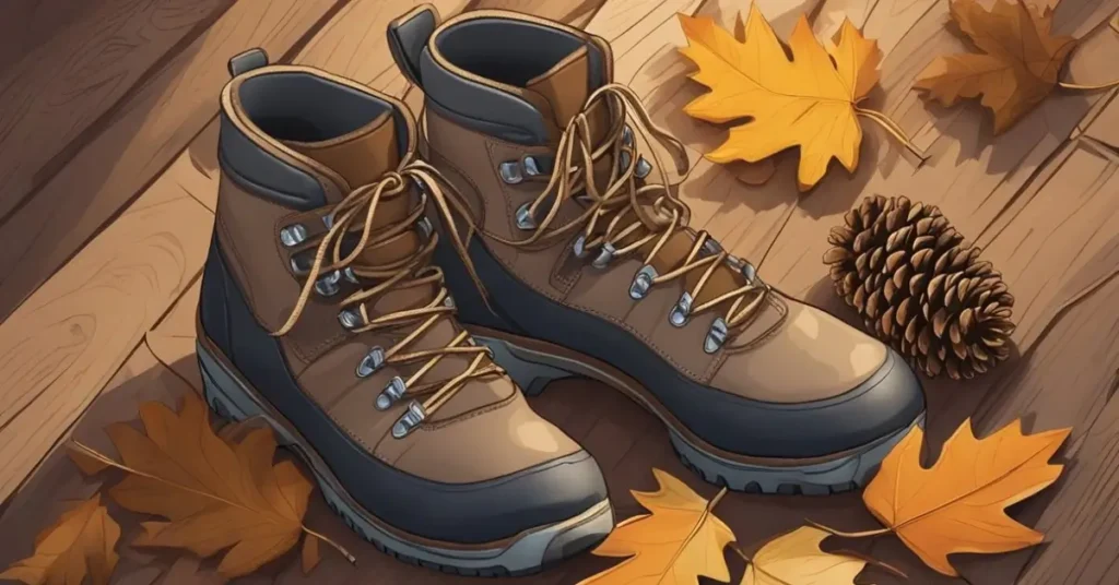 Close-up of sturdy waterproof hiking boots stepping on a rocky trail covered with colorful fall leaves.