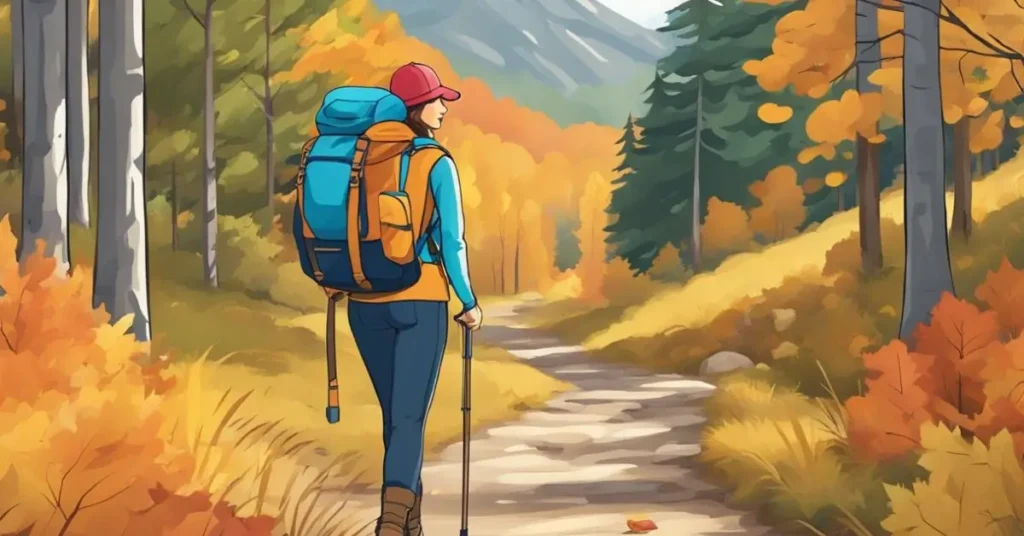 A backpacker in a fall hiking outfit, including thermal layers and a rain shell, admiring the view from a scenic autumn trail.