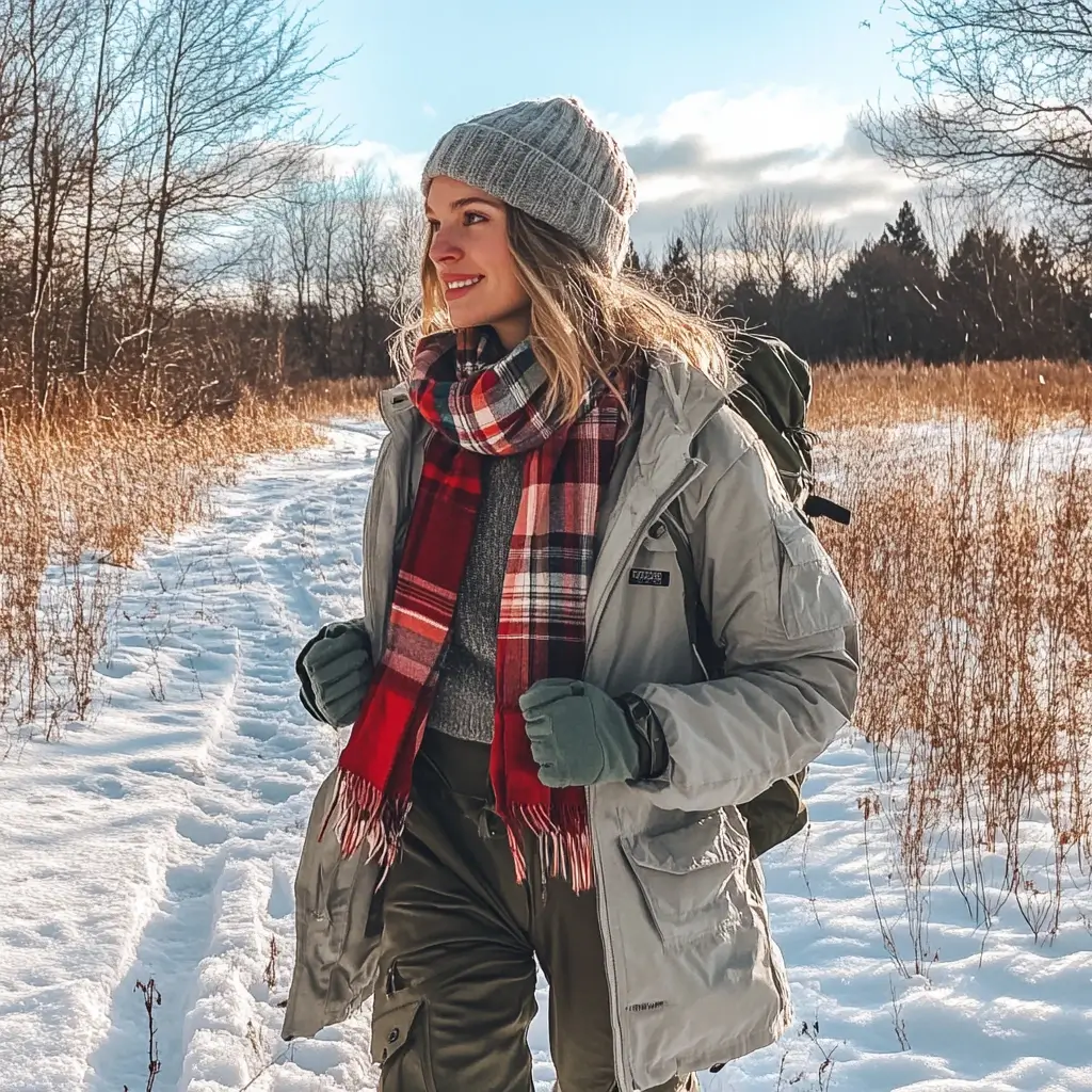 A young woman standing on a snowy mountain trail wearing a cute and cozy winter hiking outfit, featuring a colorful puffer jacket, thermal leggings, a knitted beanie, and insulated hiking boots, with a beautiful snowy forest in the background.