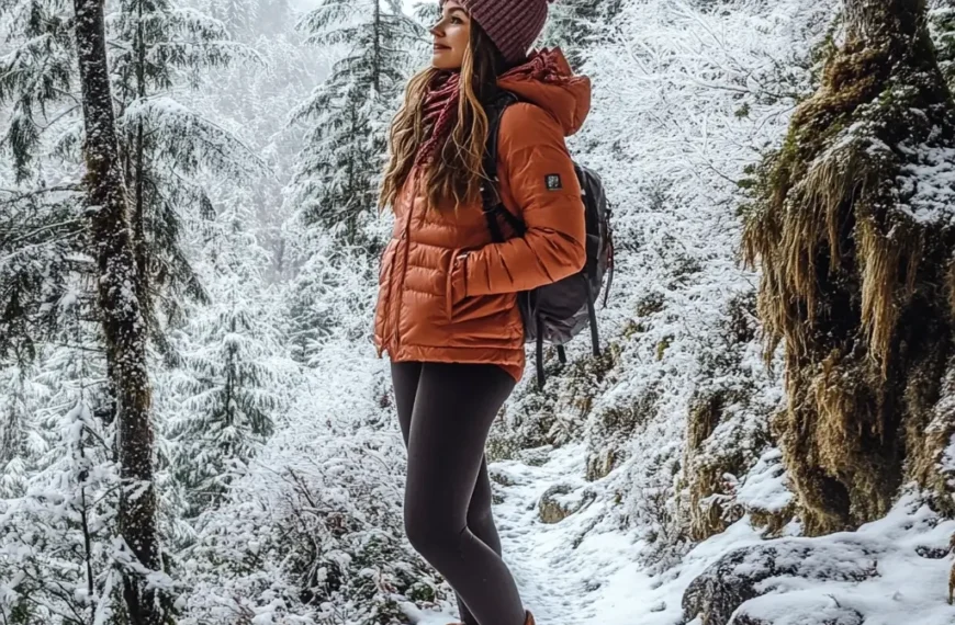 A woman on a snowy mountain trail wearing a bold insulated jacket, fleece-lined leggings, waterproof hiking boots, and a matching knitted beanie and scarf, surrounded by frosted trees. stylish hiking outfit winter