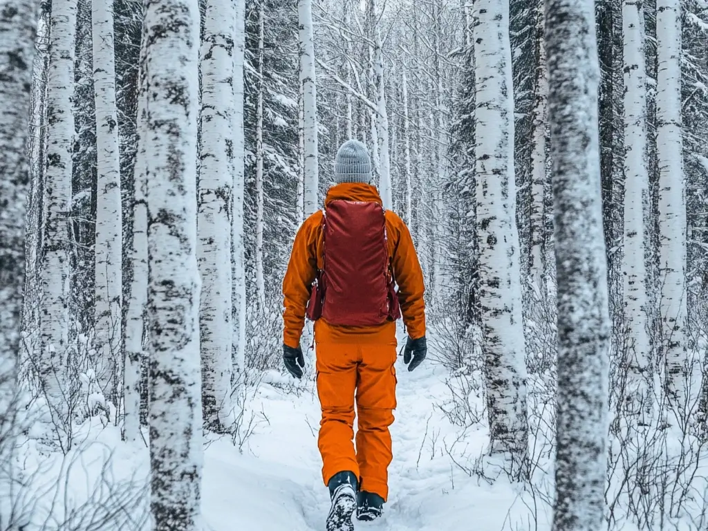 A hiker in a bright insulated jacket, fleece-lined pants, and waterproof boots walking through a snow-covered forest with frosted trees.