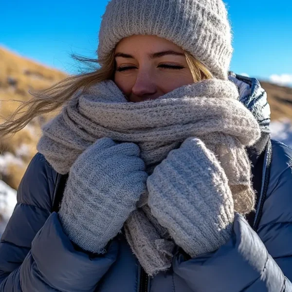 A woman adjusting her wool scarf and gloves while standing on a frosty trail, wearing a puffer jacket, thermal leggings, and waterproof boots, with a clear blue sky above. casual hiking outfit winter