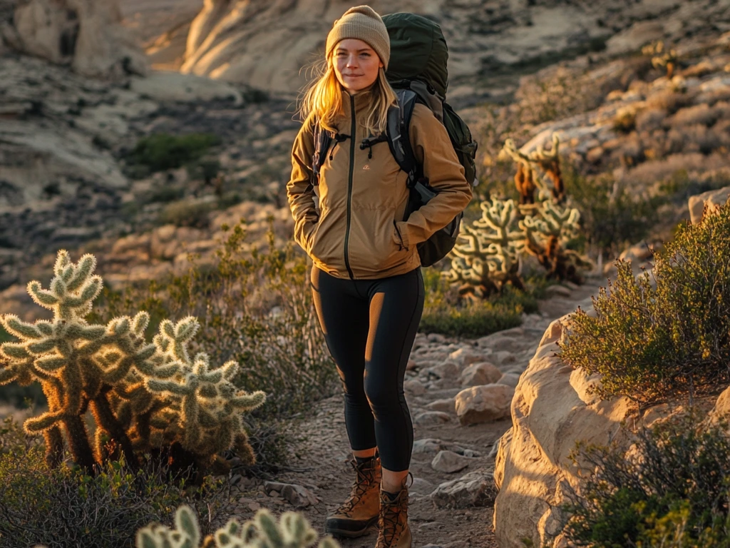A hiker in a layered winter desert hiking outfit with an insulated jacket and waterproof boots, standing on a rocky trail at sunrise, surrounded by cacti. desert hiking outfit winter