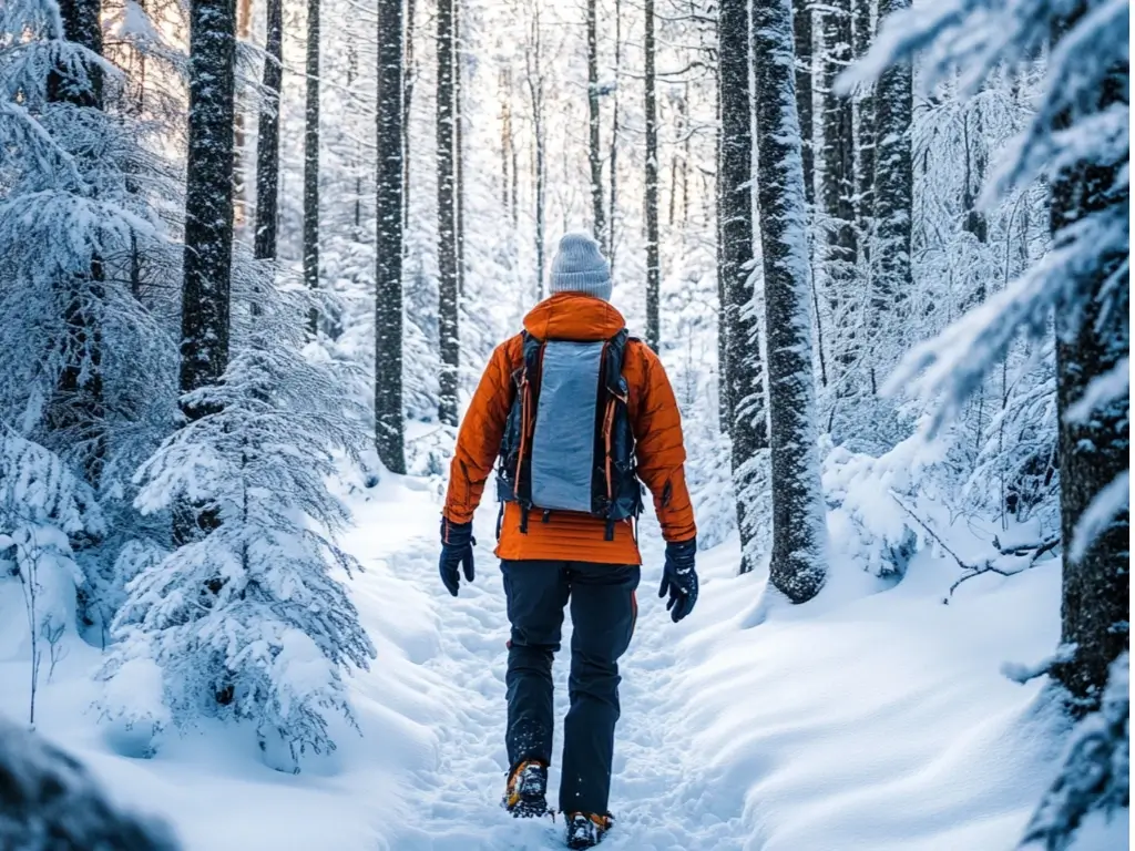 A hiker in a bright insulated jacket, fleece-lined pants, and waterproof boots walking through a snow-covered forest with frosted trees.