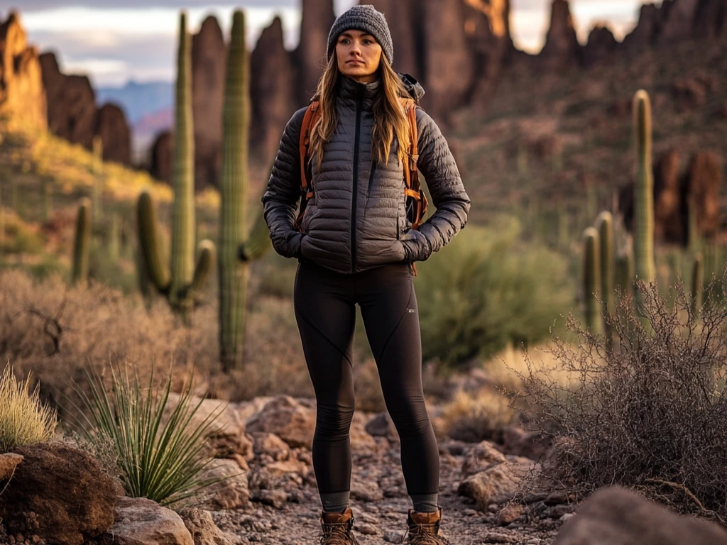 A hiker in a layered winter desert hiking outfit with an insulated jacket and waterproof boots, standing on a rocky trail at sunrise, surrounded by cacti. desert hiking outfit winter