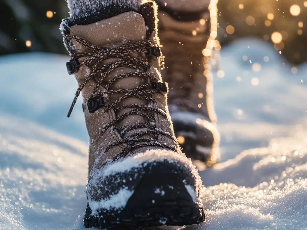 Close-up of insulated hiking boots and wool socks stepping through fresh snow, with ice crystals sparkling in the sunlight.