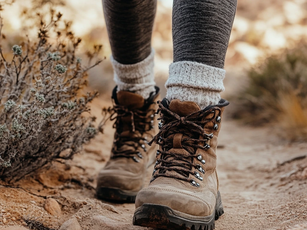 Close-up of insulated boots with wool socks and fleece-lined leggings, stepping on a sandy trail with desert shrubs and rocks in the background. desert hiking outfit winter