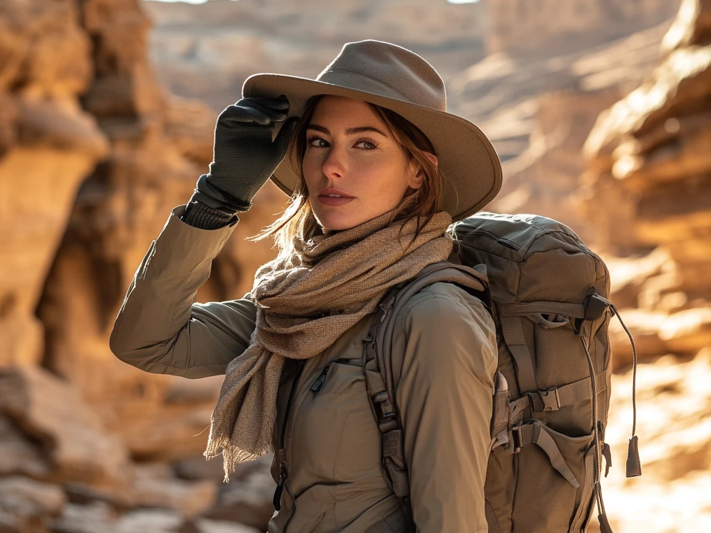 A woman in a weather-resistant jacket and wide-brimmed hat adjusting her scarf while standing in a sunlit desert canyon with a compact backpack. desert hiking outfit winter