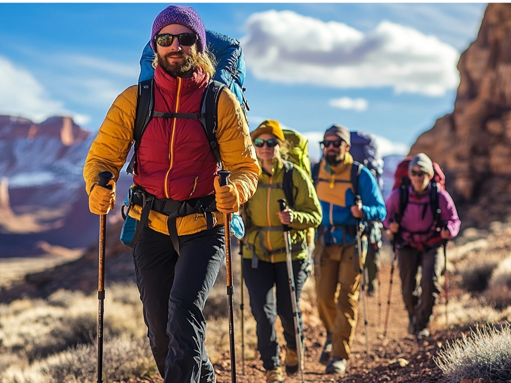 A group of hikers in insulated jackets and moisture-wicking pants, walking through a desert under a blue sky, carrying trekking poles and wearing sunglasses. desert hiking outfit winter