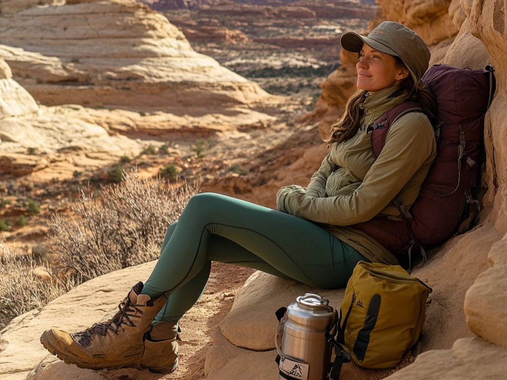 A solo hiker in a fleece jacket and thermal leggings, sitting on a sandstone rock with insulated boots, a hydration pack, and a wide-brimmed hat nearby. desert hiking outfit winter